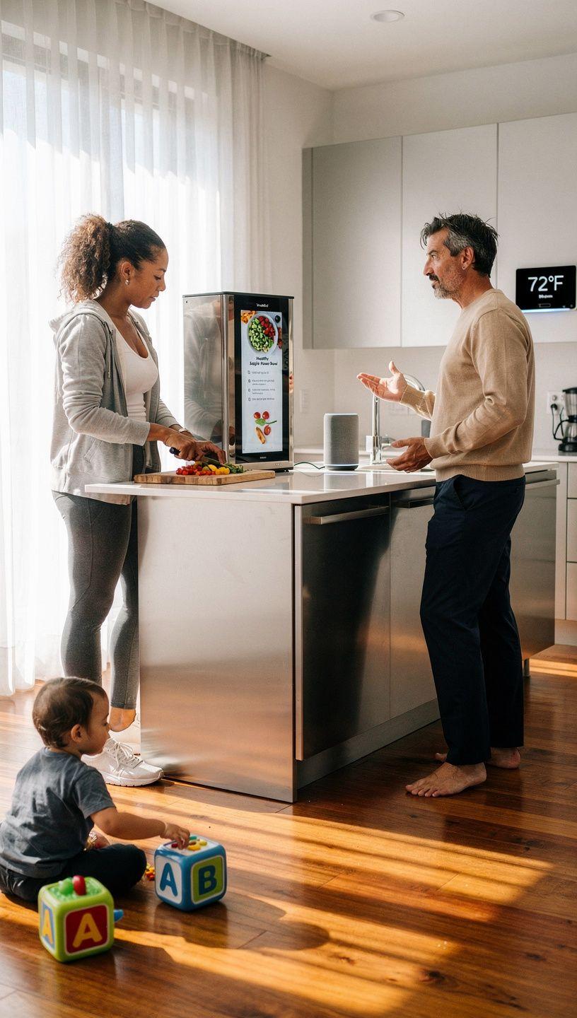 Modern smart home setup with automated lighting, voice-controlled devices, and a user interacting with a smartphone app for lifestyle optimization