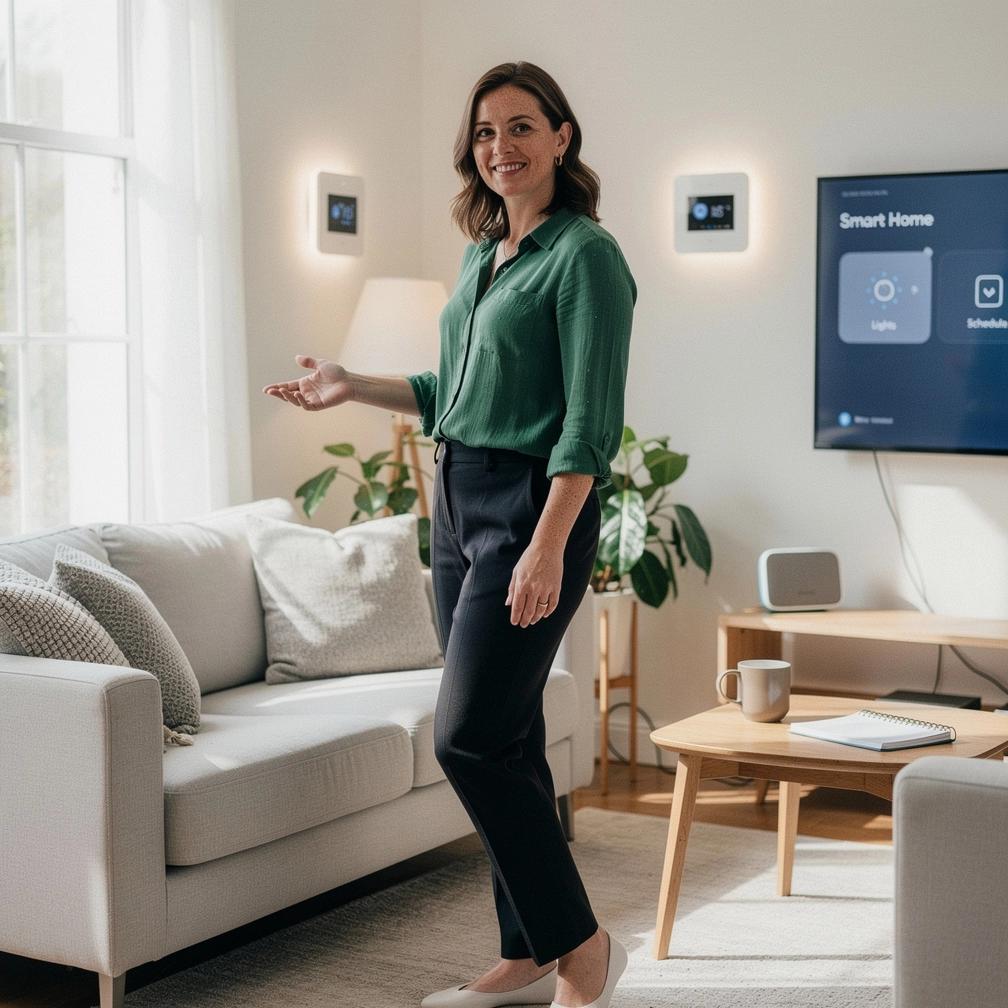 Person using a smartphone app to control home lighting and temperature remotely.